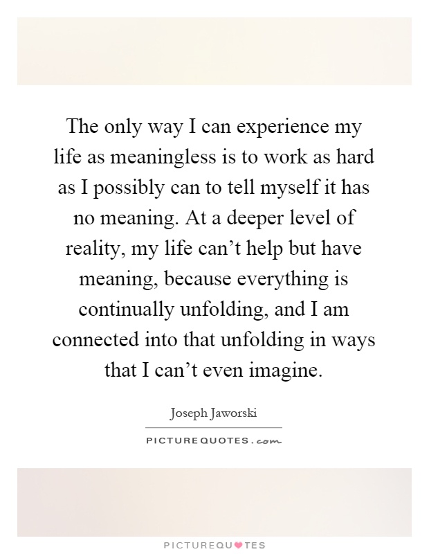 The only way I can experience my life as meaningless is to work as hard as I possibly can to tell myself it has no meaning. At a deeper level of reality, my life can't help but have meaning, because everything is continually unfolding, and I am connected into that unfolding in ways that I can't even imagine Picture Quote #1