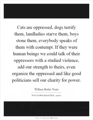 Cats are oppressed, dogs terrify them, landladies starve them, boys stone them, everybody speaks of them with contempt. If they were human beings we could talk of their oppressors with a studied violence, add our strength to theirs, even organize the oppressed and like good politicians sell our charity for power Picture Quote #1