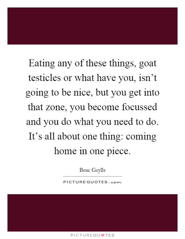 Eating any of these things, goat testicles or what have you, isn't going to be nice, but you get into that zone, you become focussed and you do what you need to do. It's all about one thing: coming home in one piece Picture Quote #1