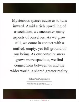 Mysterious spaces cause us to turn inward. Amid a rich upwelling of association, we encounter many aspects of ourselves. As we grow still, we come in contact with a unified, empty, yet full ground of our being. As our consciousness grows more spacious, we find connections between us and the wider world, a shared greater reality Picture Quote #1