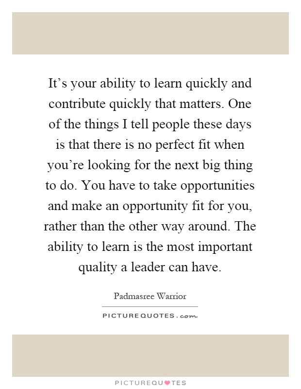 It's your ability to learn quickly and contribute quickly that matters. One of the things I tell people these days is that there is no perfect fit when you're looking for the next big thing to do. You have to take opportunities and make an opportunity fit for you, rather than the other way around. The ability to learn is the most important quality a leader can have Picture Quote #1