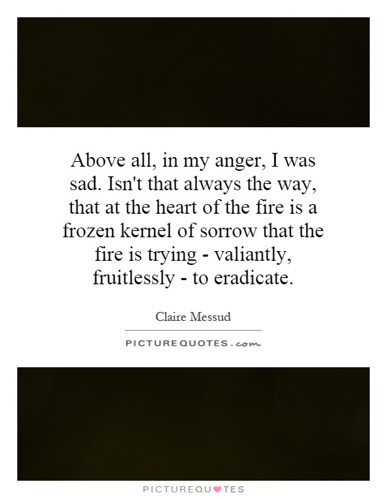 Above all, in my anger, I was sad. Isn't that always the way, that at the heart of the fire is a frozen kernel of sorrow that the fire is trying - valiantly, fruitlessly - to eradicate Picture Quote #1
