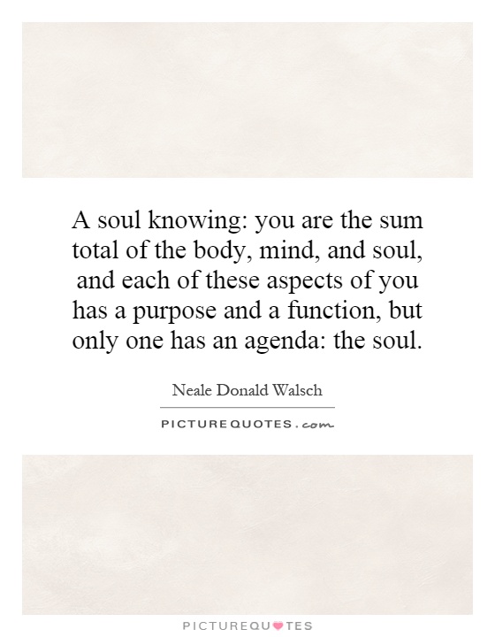 A soul knowing: you are the sum total of the body, mind, and soul, and each of these aspects of you has a purpose and a function, but only one has an agenda: the soul Picture Quote #1