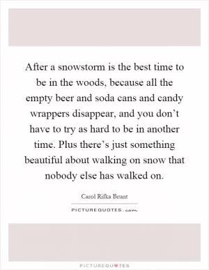 After a snowstorm is the best time to be in the woods, because all the empty beer and soda cans and candy wrappers disappear, and you don’t have to try as hard to be in another time. Plus there’s just something beautiful about walking on snow that nobody else has walked on Picture Quote #1