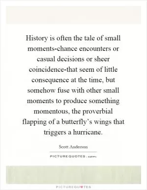 History is often the tale of small moments-chance encounters or casual decisions or sheer coincidence-that seem of little consequence at the time, but somehow fuse with other small moments to produce something momentous, the proverbial flapping of a butterfly’s wings that triggers a hurricane Picture Quote #1