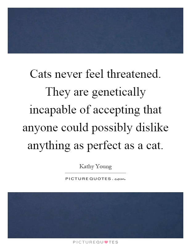 Cats never feel threatened. They are genetically incapable of accepting that anyone could possibly dislike anything as perfect as a cat Picture Quote #1
