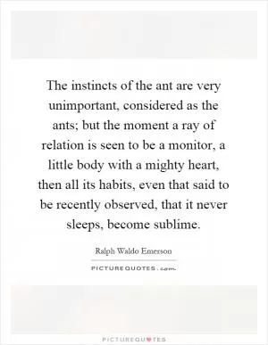 The instincts of the ant are very unimportant, considered as the ants; but the moment a ray of relation is seen to be a monitor, a little body with a mighty heart, then all its habits, even that said to be recently observed, that it never sleeps, become sublime Picture Quote #1