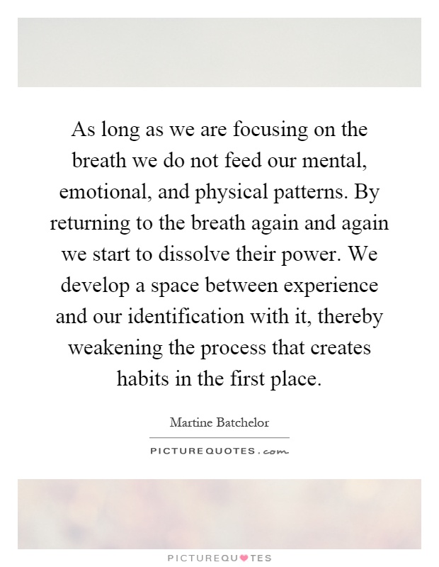 As long as we are focusing on the breath we do not feed our mental, emotional, and physical patterns. By returning to the breath again and again we start to dissolve their power. We develop a space between experience and our identification with it, thereby weakening the process that creates habits in the first place Picture Quote #1