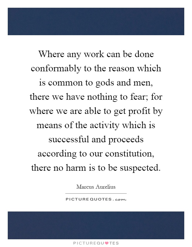 Where any work can be done conformably to the reason which is common to gods and men, there we have nothing to fear; for where we are able to get profit by means of the activity which is successful and proceeds according to our constitution, there no harm is to be suspected Picture Quote #1