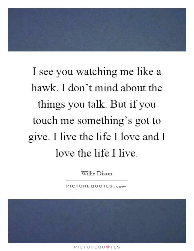 I see you watching me like a hawk. I don't mind about the things you talk. But if you touch me something's got to give. I live the life I love and I love the life I live Picture Quote #1