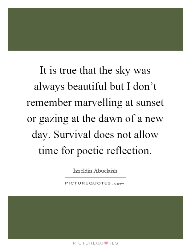 It is true that the sky was always beautiful but I don't remember marvelling at sunset or gazing at the dawn of a new day. Survival does not allow time for poetic reflection Picture Quote #1