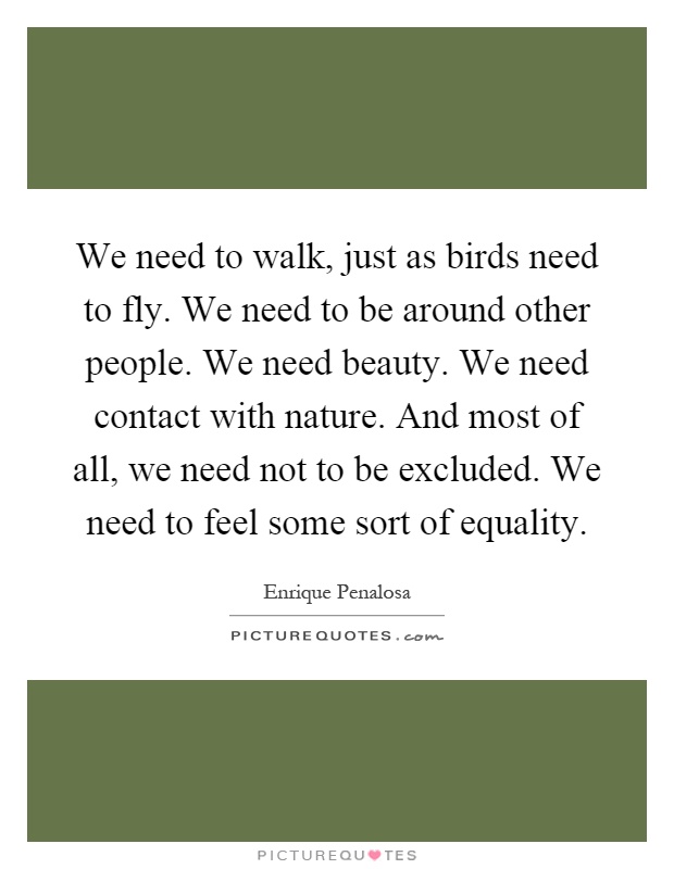 We need to walk, just as birds need to fly. We need to be around other people. We need beauty. We need contact with nature. And most of all, we need not to be excluded. We need to feel some sort of equality Picture Quote #1