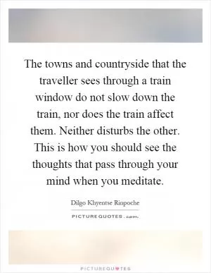 The towns and countryside that the traveller sees through a train window do not slow down the train, nor does the train affect them. Neither disturbs the other. This is how you should see the thoughts that pass through your mind when you meditate Picture Quote #1