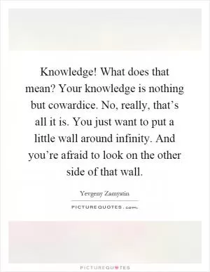Knowledge! What does that mean? Your knowledge is nothing but cowardice. No, really, that’s all it is. You just want to put a little wall around infinity. And you’re afraid to look on the other side of that wall Picture Quote #1
