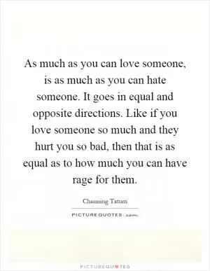 As much as you can love someone, is as much as you can hate someone. It goes in equal and opposite directions. Like if you love someone so much and they hurt you so bad, then that is as equal as to how much you can have rage for them Picture Quote #1