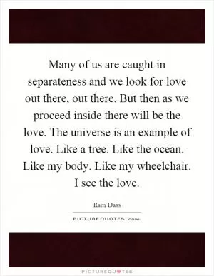 Many of us are caught in separateness and we look for love out there, out there. But then as we proceed inside there will be the love. The universe is an example of love. Like a tree. Like the ocean. Like my body. Like my wheelchair. I see the love Picture Quote #1