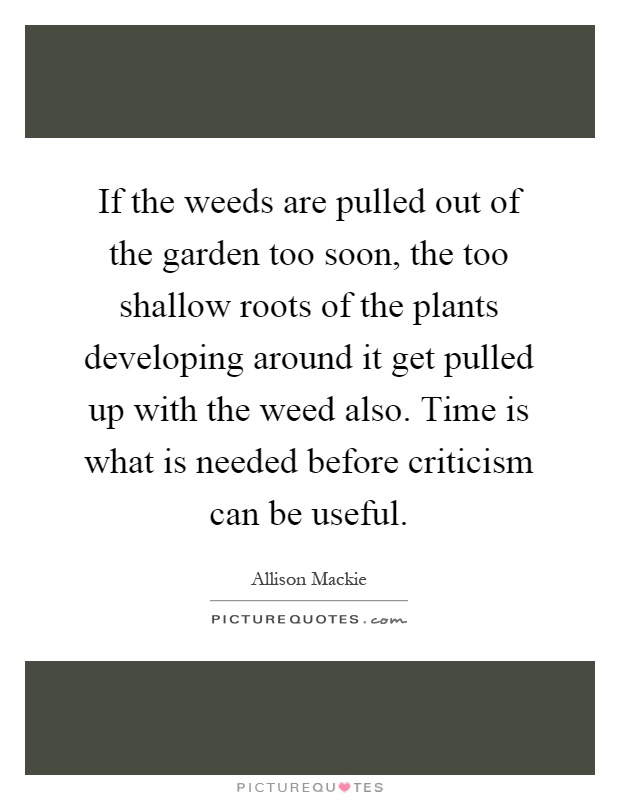 If the weeds are pulled out of the garden too soon, the too shallow roots of the plants developing around it get pulled up with the weed also. Time is what is needed before criticism can be useful Picture Quote #1