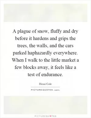 A plague of snow, fluffy and dry before it hardens and grips the trees, the walls, and the cars parked haphazardly everywhere. When I walk to the little market a few blocks away, it feels like a test of endurance Picture Quote #1