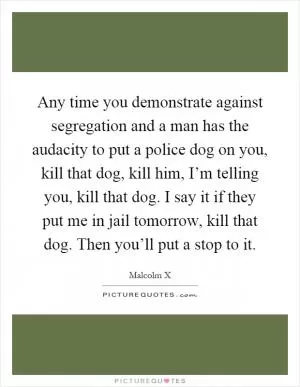 Any time you demonstrate against segregation and a man has the audacity to put a police dog on you, kill that dog, kill him, I’m telling you, kill that dog. I say it if they put me in jail tomorrow, kill that dog. Then you’ll put a stop to it Picture Quote #1