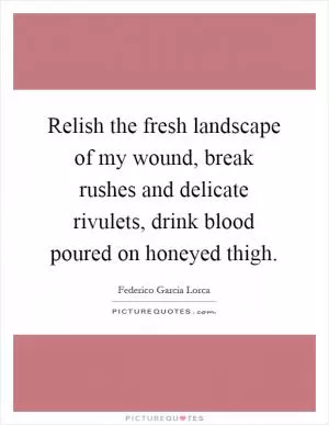 Relish the fresh landscape of my wound, break rushes and delicate rivulets, drink blood poured on honeyed thigh Picture Quote #1