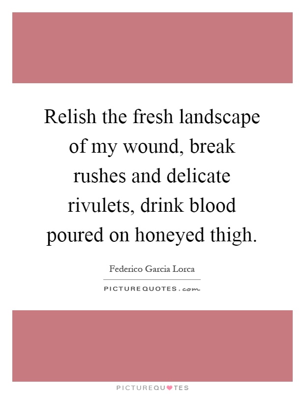 Relish the fresh landscape of my wound, break rushes and delicate rivulets, drink blood poured on honeyed thigh Picture Quote #1