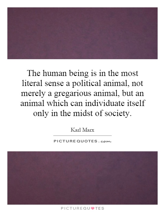 The human being is in the most literal sense a political animal, not merely a gregarious animal, but an animal which can individuate itself only in the midst of society Picture Quote #1
