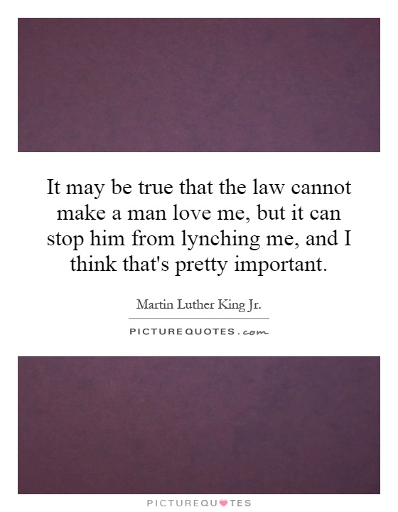 It may be true that the law cannot make a man love me, but it can stop him from lynching me, and I think that's pretty important Picture Quote #1