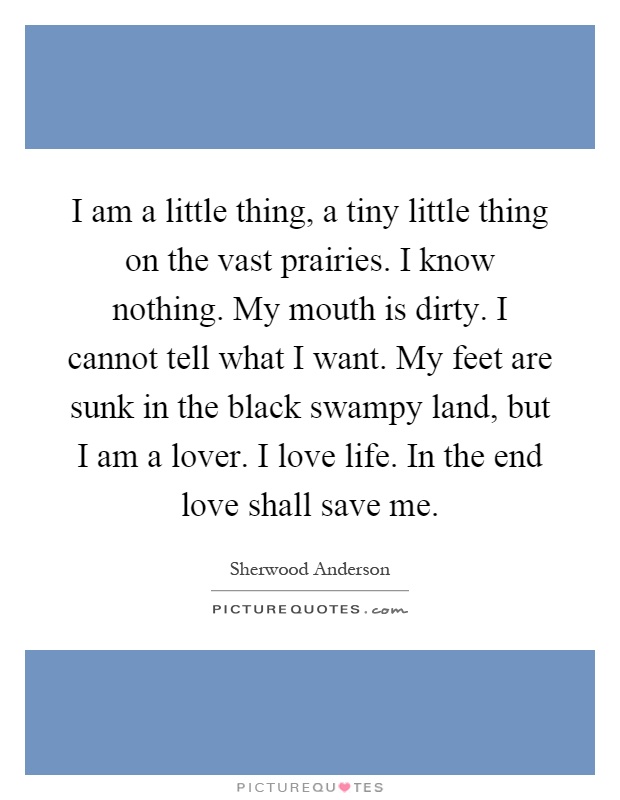 I am a little thing, a tiny little thing on the vast prairies. I know nothing. My mouth is dirty. I cannot tell what I want. My feet are sunk in the black swampy land, but I am a lover. I love life. In the end love shall save me Picture Quote #1