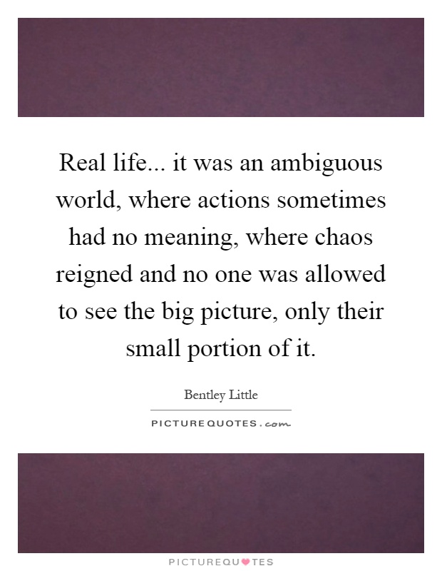 Real life... it was an ambiguous world, where actions sometimes had no meaning, where chaos reigned and no one was allowed to see the big picture, only their small portion of it Picture Quote #1