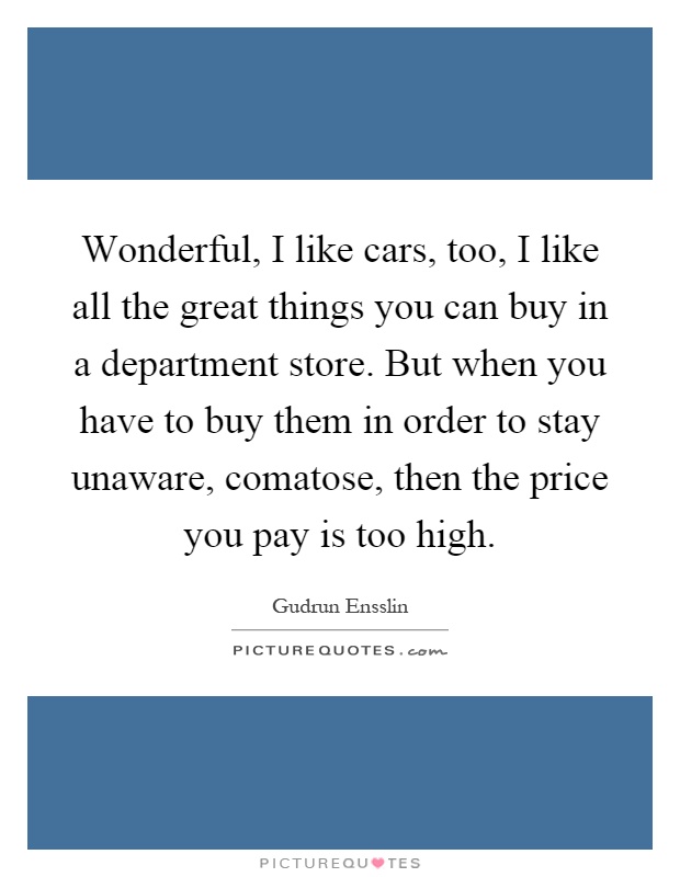 Wonderful, I like cars, too, I like all the great things you can buy in a department store. But when you have to buy them in order to stay unaware, comatose, then the price you pay is too high Picture Quote #1