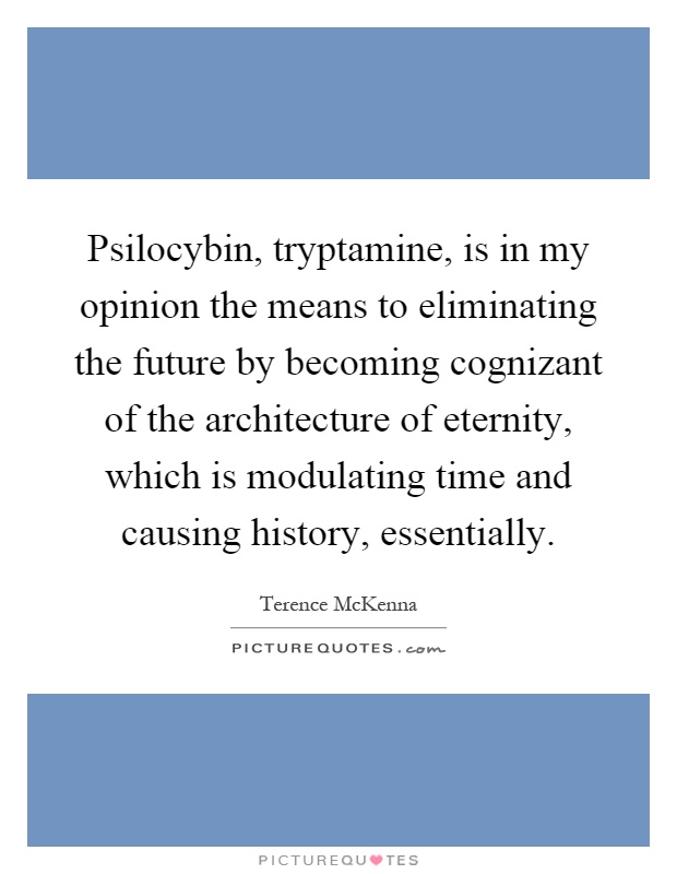 Psilocybin, tryptamine, is in my opinion the means to eliminating the future by becoming cognizant of the architecture of eternity, which is modulating time and causing history, essentially Picture Quote #1