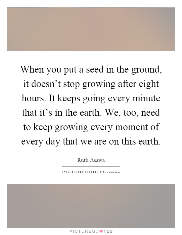 When you put a seed in the ground, it doesn't stop growing after eight hours. It keeps going every minute that it's in the earth. We, too, need to keep growing every moment of every day that we are on this earth Picture Quote #1