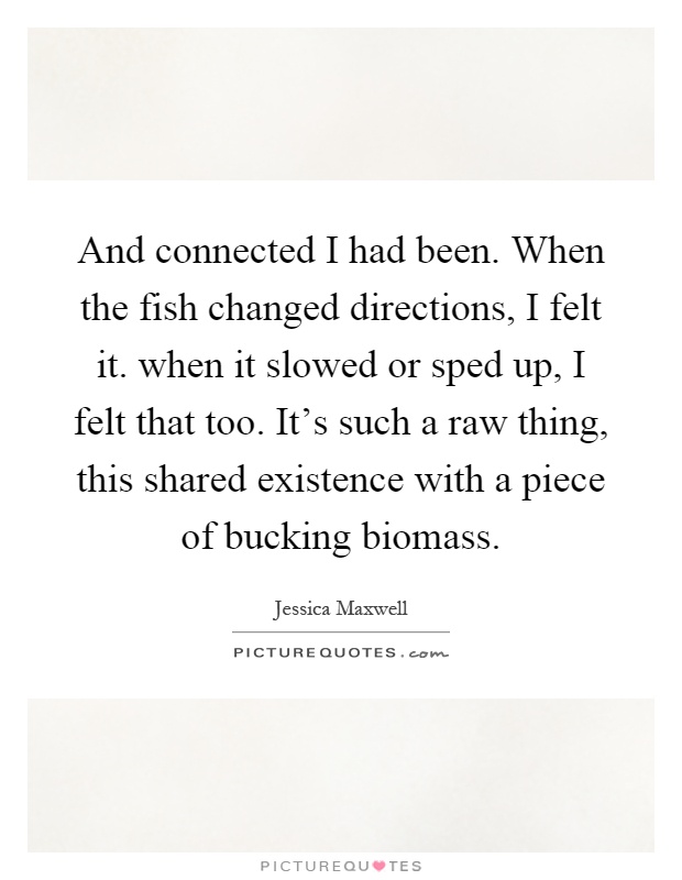 And connected I had been. When the fish changed directions, I felt it. when it slowed or sped up, I felt that too. It's such a raw thing, this shared existence with a piece of bucking biomass Picture Quote #1