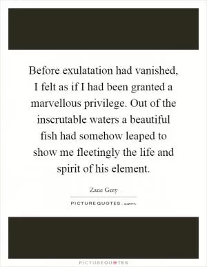 Before exulatation had vanished, I felt as if I had been granted a marvellous privilege. Out of the inscrutable waters a beautiful fish had somehow leaped to show me fleetingly the life and spirit of his element Picture Quote #1