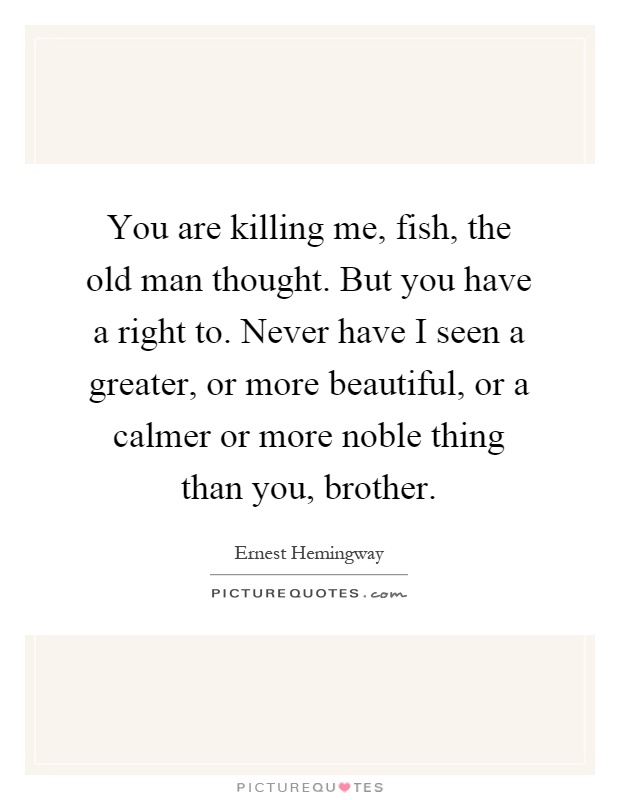 You are killing me, fish, the old man thought. But you have a right to. Never have I seen a greater, or more beautiful, or a calmer or more noble thing than you, brother Picture Quote #1
