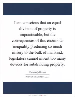 I am conscious that an equal division of property is impracticable, but the consequences of this enormous inequality producing so much misery to the bulk of mankind, legislators cannot invent too many devices for subdividing property Picture Quote #1