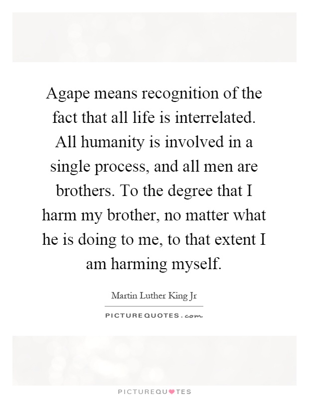 Agape means recognition of the fact that all life is interrelated. All humanity is involved in a single process, and all men are brothers. To the degree that I harm my brother, no matter what he is doing to me, to that extent I am harming myself Picture Quote #1