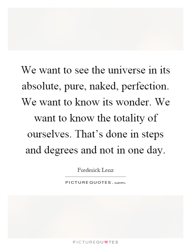 We want to see the universe in its absolute, pure, naked, perfection. We want to know its wonder. We want to know the totality of ourselves. That's done in steps and degrees and not in one day Picture Quote #1