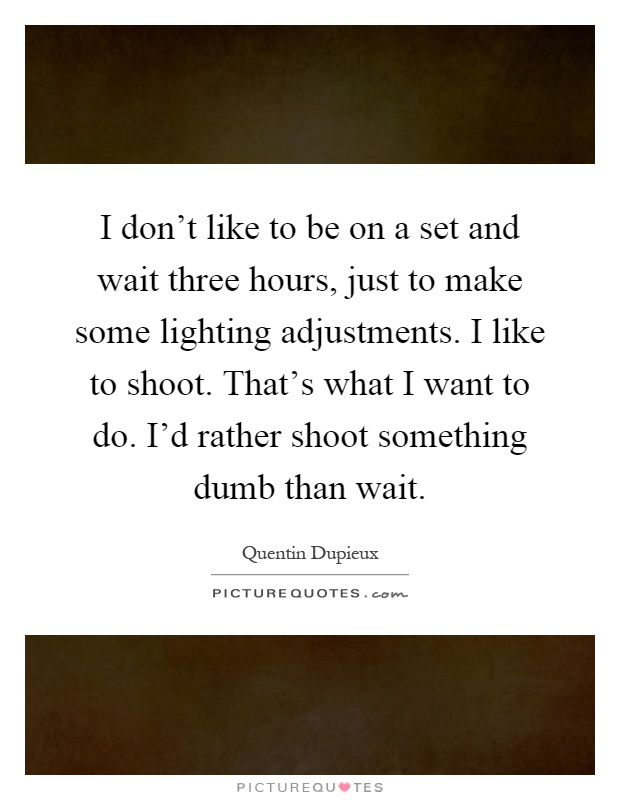 I don't like to be on a set and wait three hours, just to make some lighting adjustments. I like to shoot. That's what I want to do. I'd rather shoot something dumb than wait Picture Quote #1