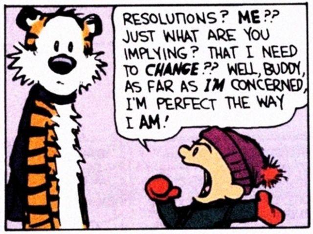 Resolutions? Me?? Just what are you implying? That I need to change? Well buddy, as far as I'm concerned, I'm perfect the way I am! Picture Quote #1