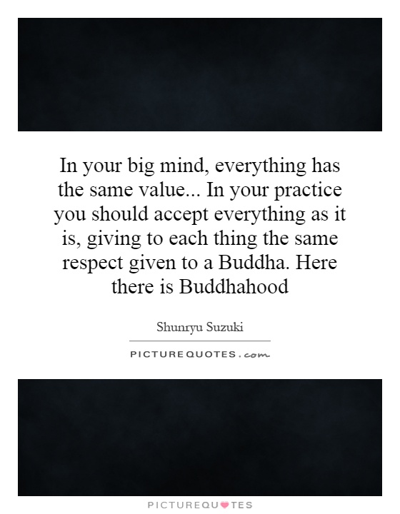 In your big mind, everything has the same value... In your practice you should accept everything as it is, giving to each thing the same respect given to a Buddha. Here there is Buddhahood Picture Quote #1