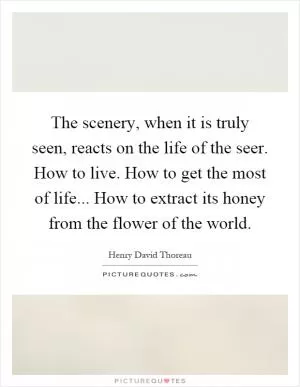 The scenery, when it is truly seen, reacts on the life of the seer. How to live. How to get the most of life... How to extract its honey from the flower of the world Picture Quote #1