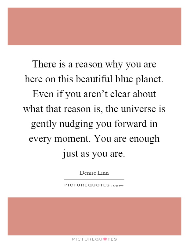 There is a reason why you are here on this beautiful blue planet. Even if you aren't clear about what that reason is, the universe is gently nudging you forward in every moment. You are enough just as you are Picture Quote #1