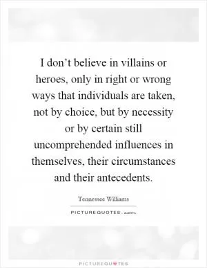 I don’t believe in villains or heroes, only in right or wrong ways that individuals are taken, not by choice, but by necessity or by certain still uncomprehended influences in themselves, their circumstances and their antecedents Picture Quote #1