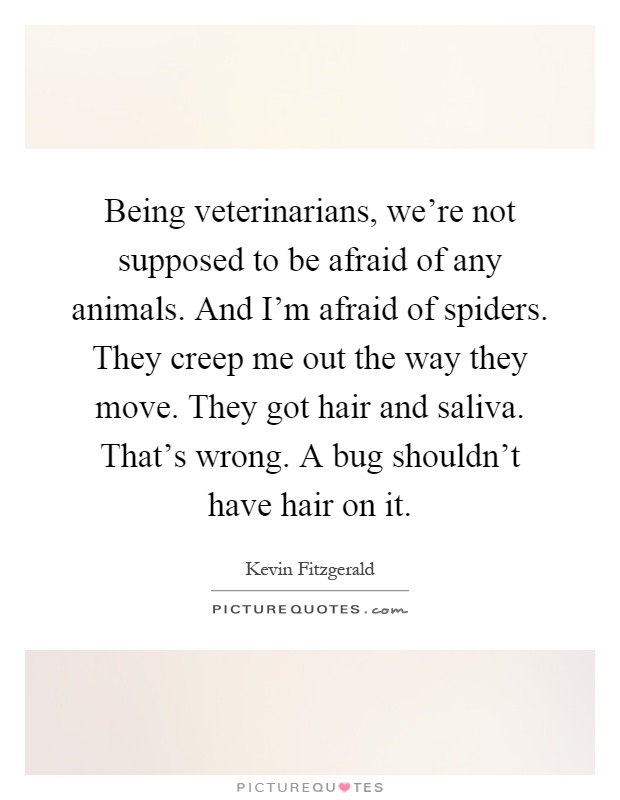 Being veterinarians, we're not supposed to be afraid of any animals. And I'm afraid of spiders. They creep me out the way they move. They got hair and saliva. That's wrong. A bug shouldn't have hair on it Picture Quote #1