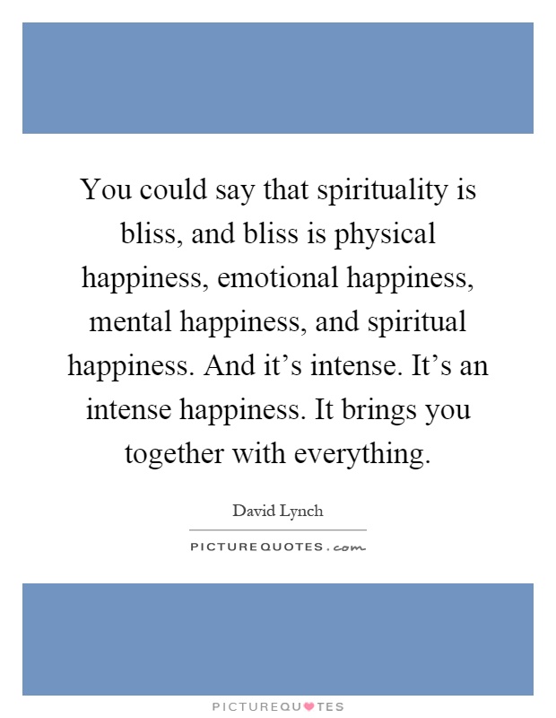 You could say that spirituality is bliss, and bliss is physical happiness, emotional happiness, mental happiness, and spiritual happiness. And it's intense. It's an intense happiness. It brings you together with everything Picture Quote #1