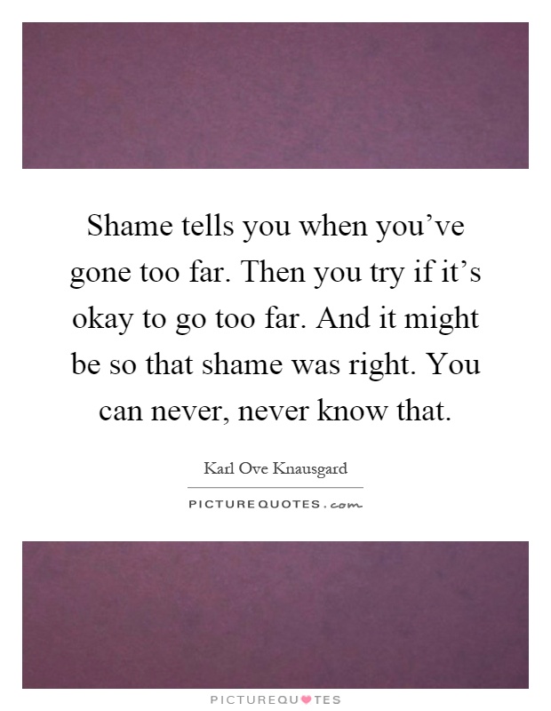 Shame tells you when you've gone too far. Then you try if it's okay to go too far. And it might be so that shame was right. You can never, never know that Picture Quote #1
