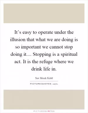 It’s easy to operate under the illusion that what we are doing is so important we cannot stop doing it.... Stopping is a spiritual act. It is the refuge where we drink life in Picture Quote #1