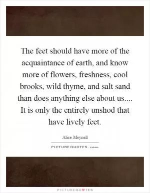 The feet should have more of the acquaintance of earth, and know more of flowers, freshness, cool brooks, wild thyme, and salt sand than does anything else about us.... It is only the entirely unshod that have lively feet Picture Quote #1