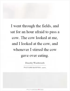 I went through the fields, and sat for an hour afraid to pass a cow. The cow looked at me, and I looked at the cow, and whenever I stirred the cow gave over eating Picture Quote #1